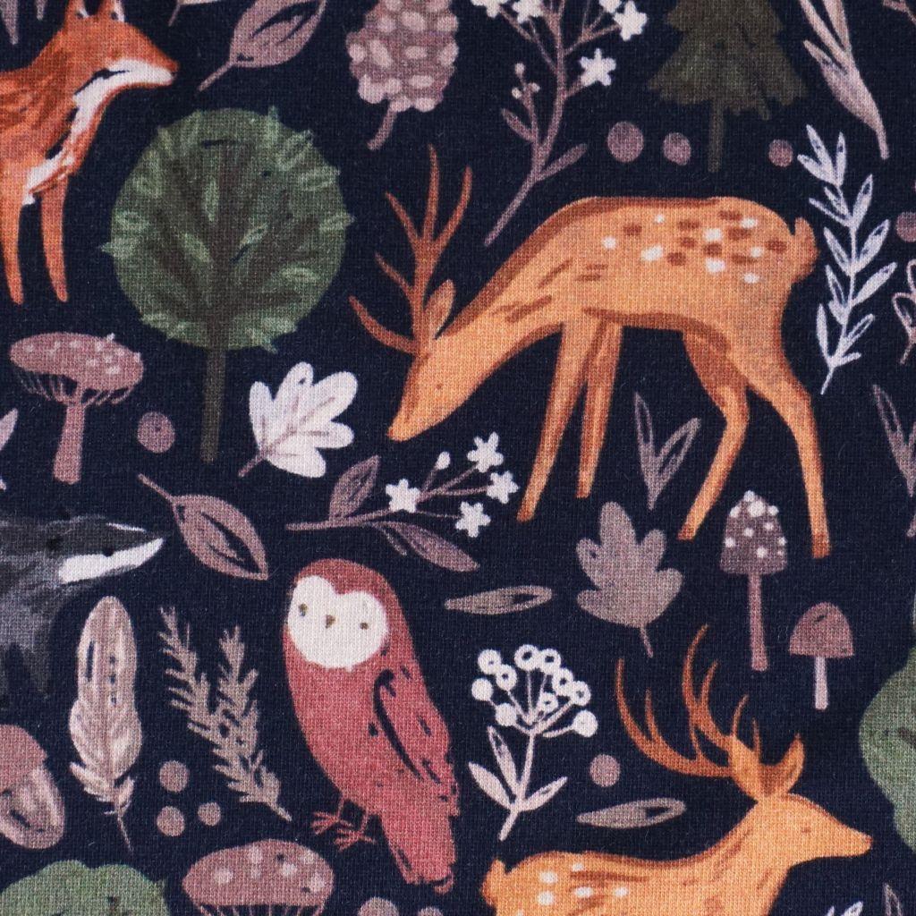 Stretch-Sweat leicht Waldtiere Eule Fuchs Reh dunkelblau